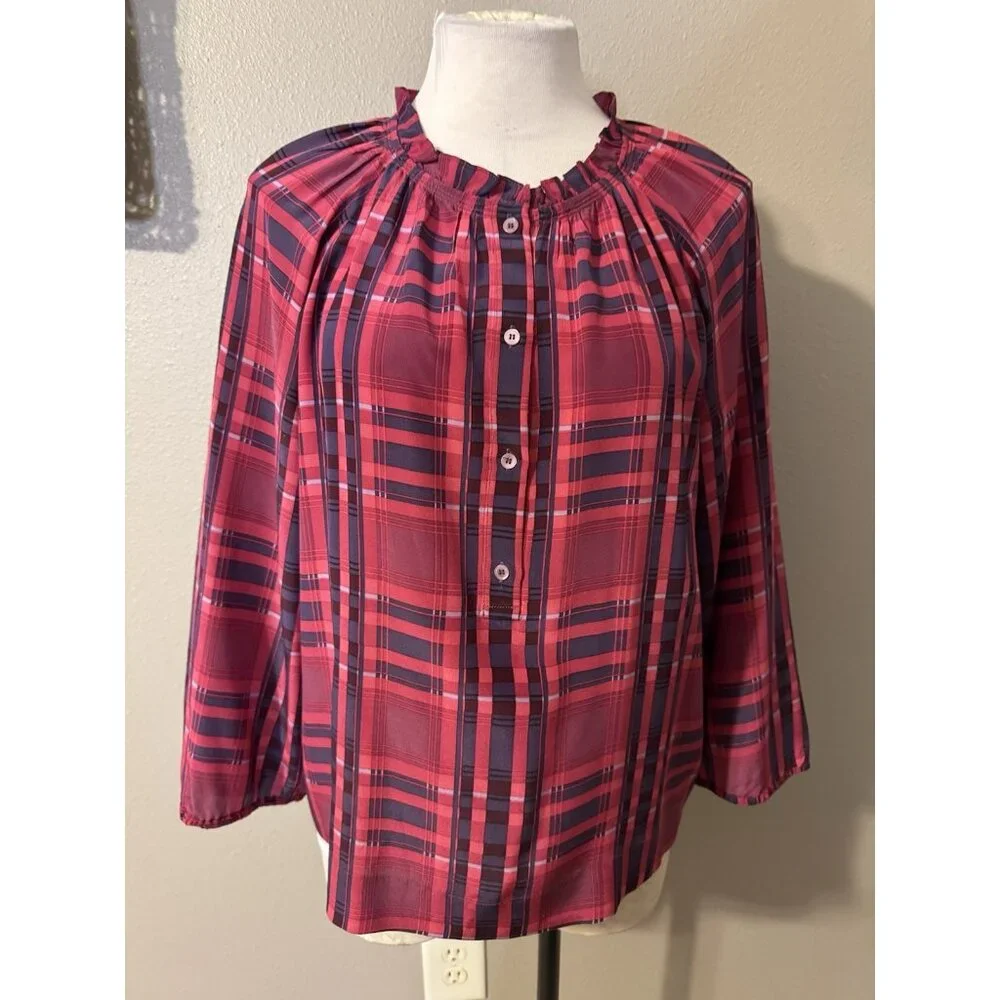 BCBGMAXAZRIA Top Blouse Shirt M Medium SILK Blue Berry Red Plaid Ruffle Trim